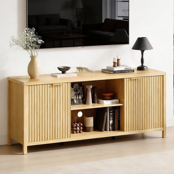 Ktaxon Modern TV Stand for 55/60/65 Inches TVs, 58" Television Media Console Wood Entertainment Center with 2 Fluted Doors & Adjustable Shelves for Living Room, Bedroom, Home, Natural