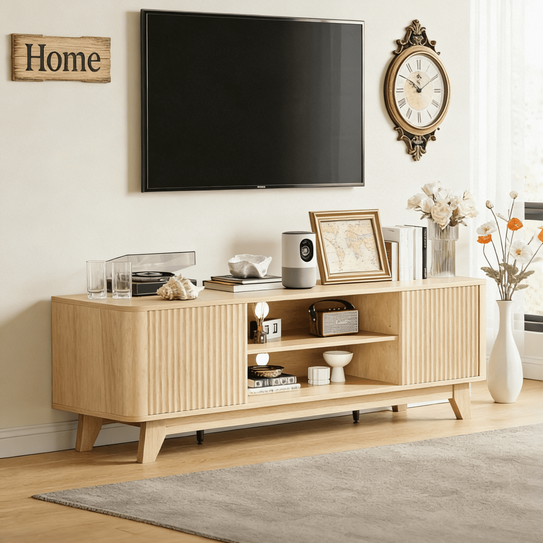 Ktaxon Modern TV Stand for 55/60/65 Inches TVs, 58" Television Media Console Wood Entertainment Center with 2 Fluted Doors & Adjustable Shelves for Living Room, Bedroom, Home, Light Walnut