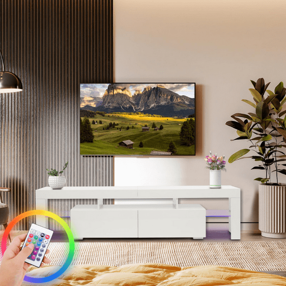 Ktaxon Modern TV Stand for up to 60'' TVs, Media Console Cabinet LED Shelves with 2 Drawers for Living Room Storage Entertainment Center, White