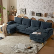 Ktaxon 110" U-Shaped Sectional Sofa, 4-Seat Chenille Couch with Double Wide Chaise, Oversized Lounge Sofa for Living Room, Gray-Blue