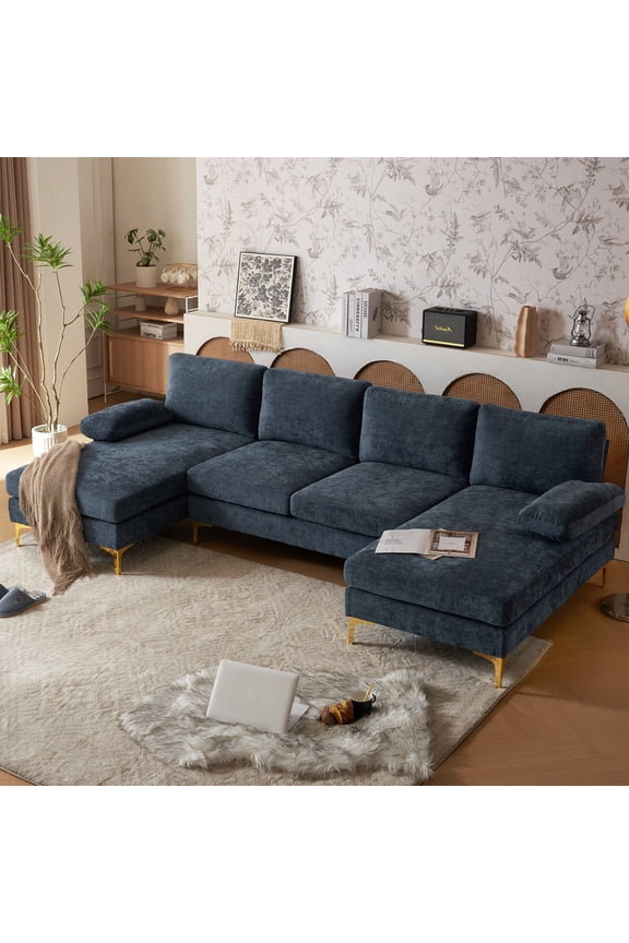 Sectional Sofa Set, 110" U-Shaped Chenille Couch, 4 Seat Lounge Sleeper with Double Chaise for Living Room Gray-Blue