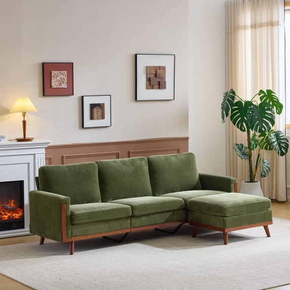 Ktaxon Modular Sectional Sofa with Movable Ottoman, Corduroy L-Shaped Couch with Wood Frame and Legs Green