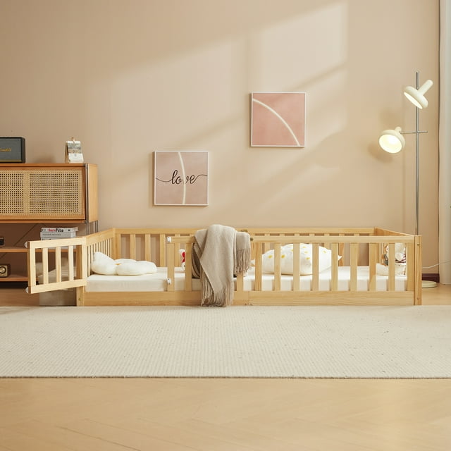 Ktaxon Montessori Full Floor Bed with Safety Guardrails, Wood Bed Frame, Nature