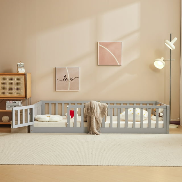 Ktaxon Montessori Twin Floor Bed with Safety Guardrails, Toddler Bed Frame for Kids, Wood Frame - Gray