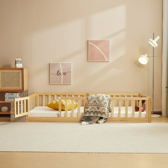 Ktaxon Montessori Twin Floor Bed with Safety Guardrails, Toddler Bed Frame for Kids, Wood Frame - Nature