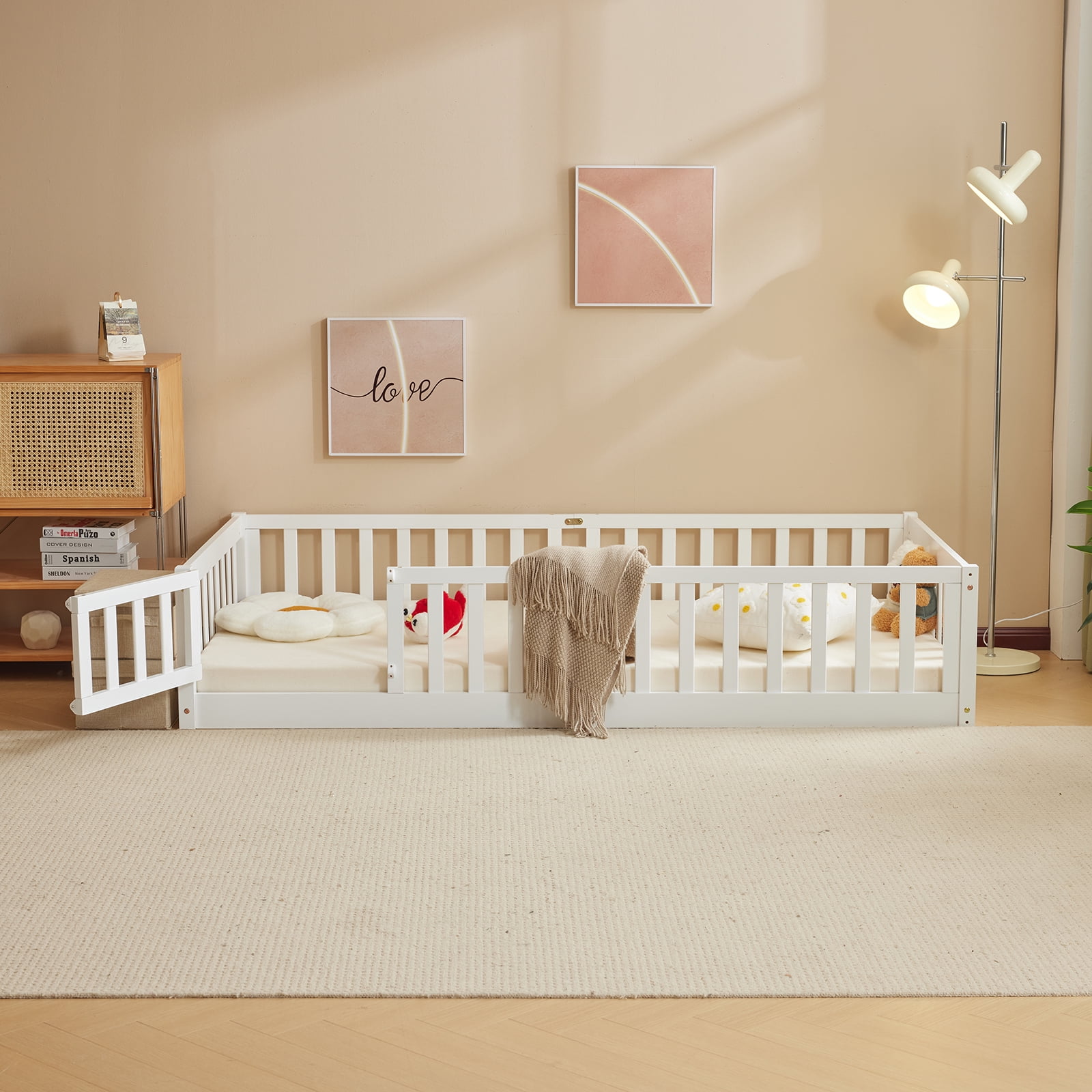 Ktaxon Montessori Twin Floor Bed with Safety Guardrails, Toddler Bed Frame for Kids, Wood Frame - White