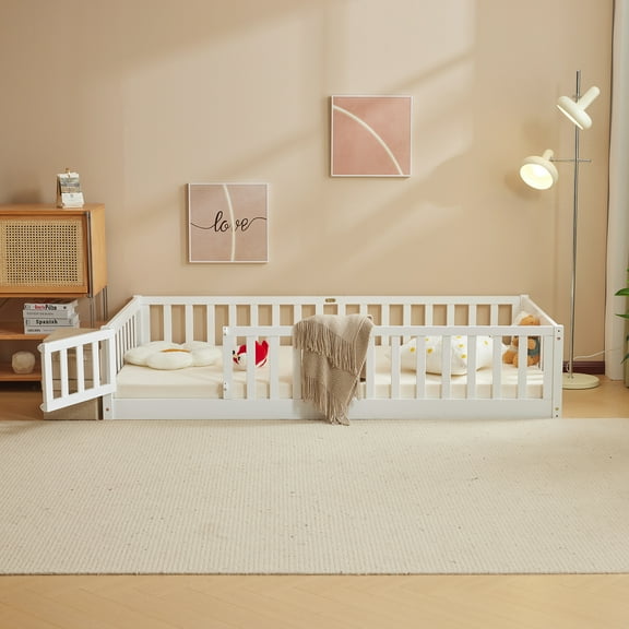 Ktaxon Montessori Twin Floor Bed with Safety Guardrails, Wood Bed Frame, White