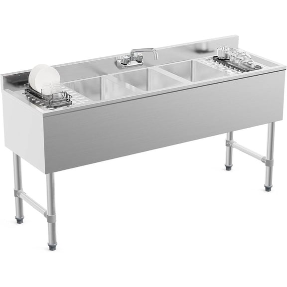 Ktaxon NSF 3 Compartment Commercial Sink, 304 Stainless Steel Freestanding Underbar Utility Sink with Double Drainboard, Industrial Prep & Washing Sink for Restaurant Bar Garage
