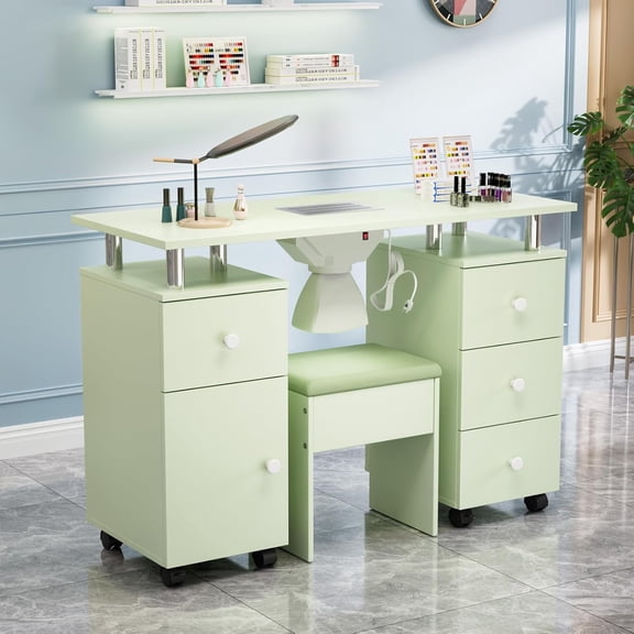 Ktaxon Nail Desk and Chair Set, Manicure Table Storage Station with 4 Drawers, Lockable Wheels, Green