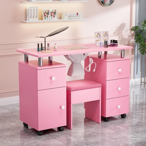 Ktaxon Nail Desk and Chair Set, Manicure Table Storage Station with 4 Drawers, Lockable Wheels, Pink