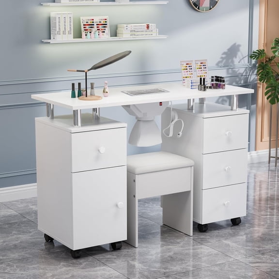 Ktaxon Nail Desk and Chair Set, Manicure Table Storage Station with 4 Drawers, Lockable Wheels, White