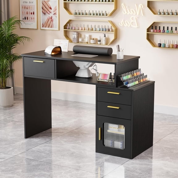 Ktaxon Nail Desk with Dust Collector, 47" Manicure Table with Storage Drawers & Glass Cabinet for Home Salon, Black