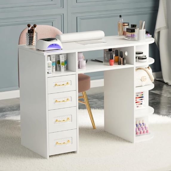 Ktaxon Nail Desk with Electric Dust Collector, Rattan Manicure Table for Nail Techs, White Salon Station