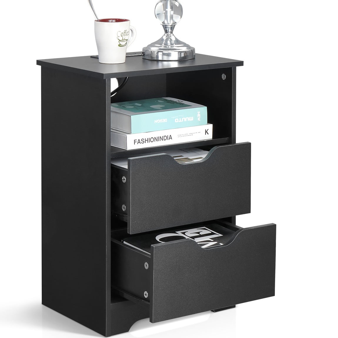 Ktaxon Set of 1 NightStand with Charging Station BedsideTable with 2 Storage Drawers,End Side for Bedroom,Country Style Black