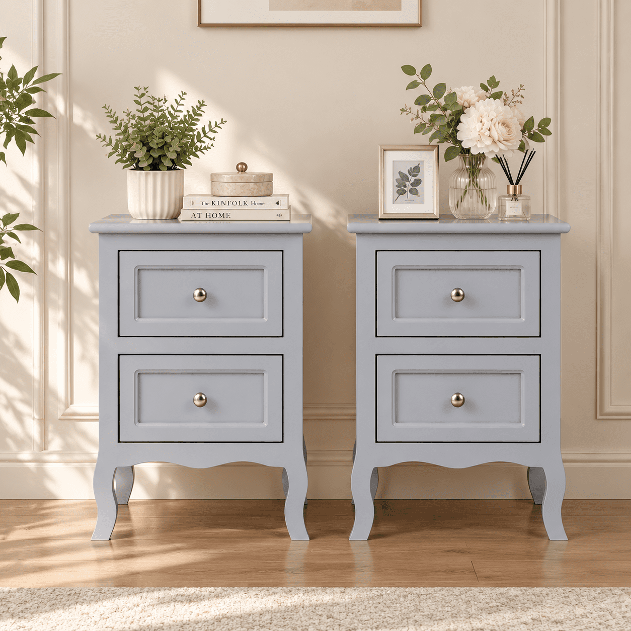 Ktaxon Nightstand Set of 2, Bedside Table with 2 Storage Drawers, End Side for Bedroom, Country Style,Gray