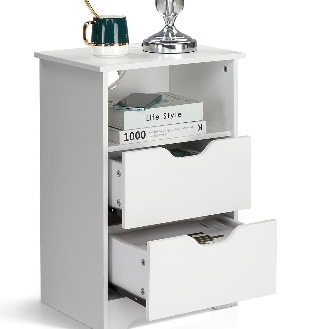 Ktaxon Set of 1 NightStand with Charging Station BedsideTable with 2 Storage Drawers,End Side for Bedroom,Country Style White