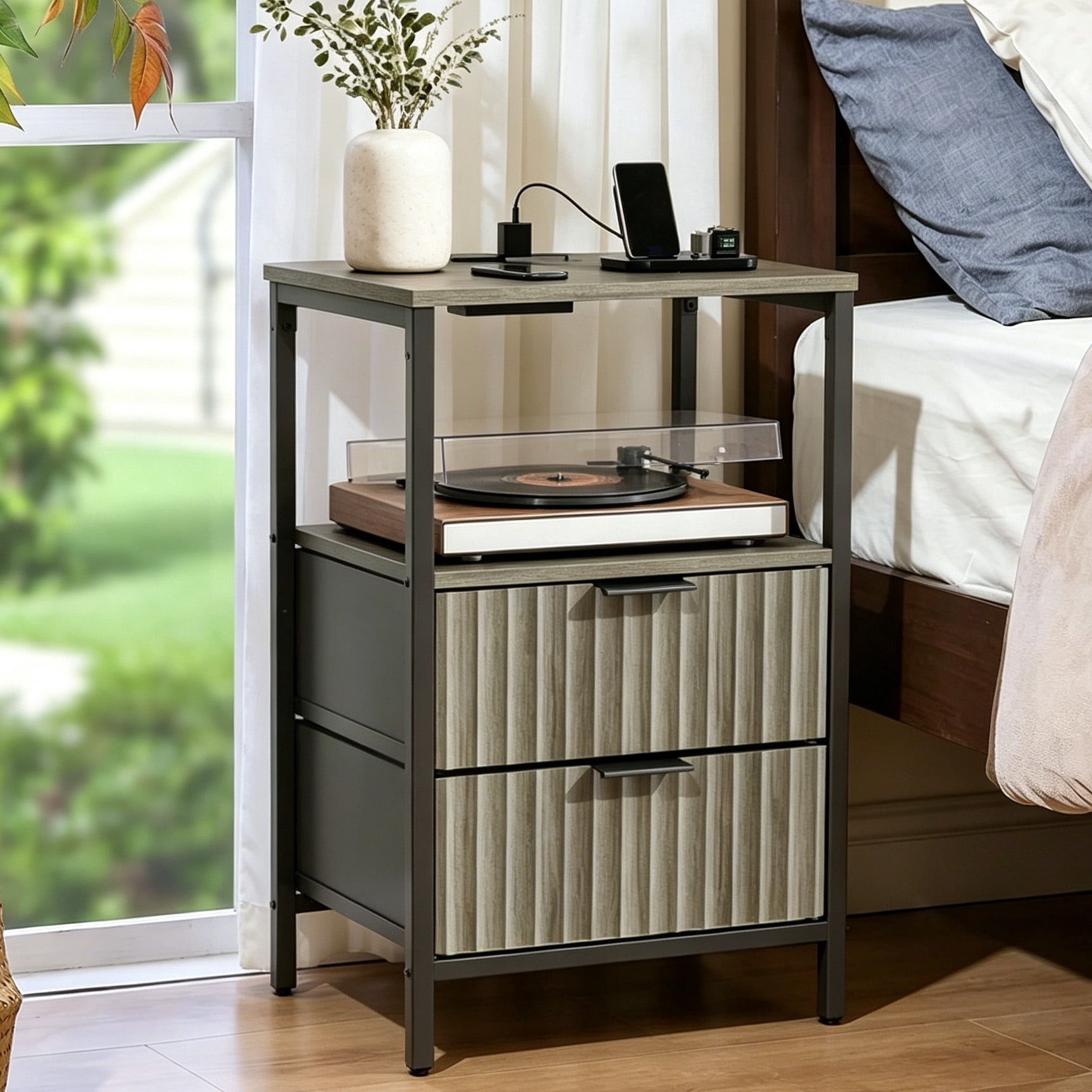 Ktaxon Nightstand with Charging Station End Table with 2 Fabric Drawers Bedside Table Furniture for Bedroom, Living Room,Fluted Gray Wave Design