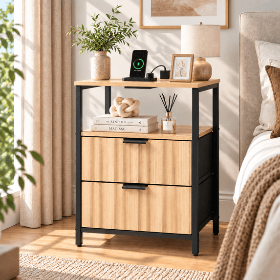 Ktaxon Nightstand with Charging Station End Table with 2 Fabric Drawers Bedside Table Furniture for Bedroom, Living Room,Fluted Oak Wave Design