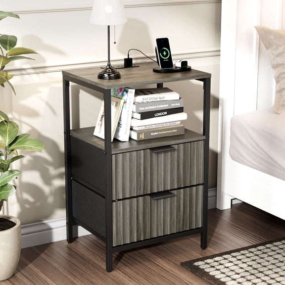 Ktaxon Nightstand with Charging Station End Table with 2 Fabric Drawers Bedside Table Furniture for Bedroom, Living Room,Fluted Gray Wave Design