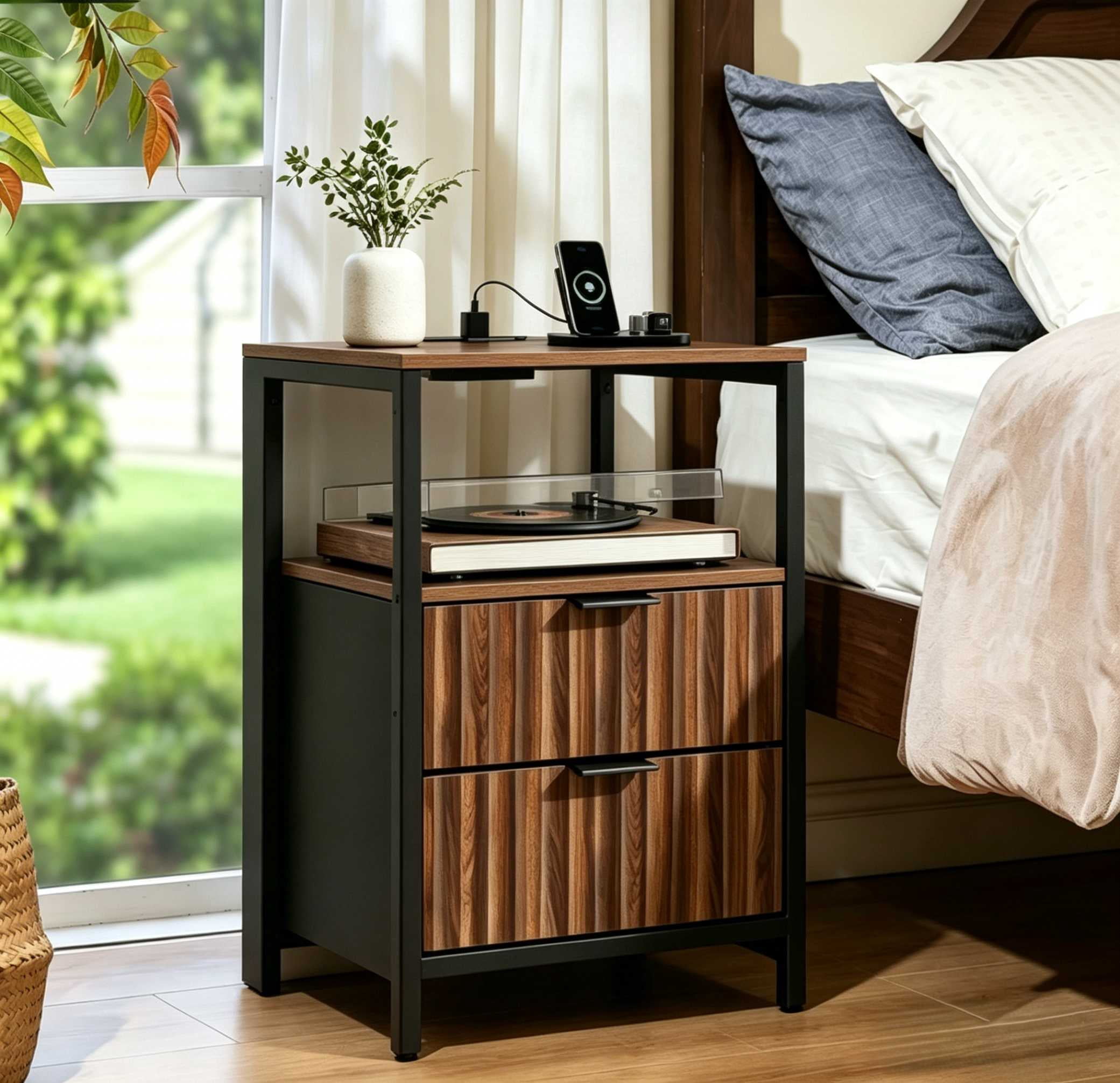 Ktaxon Nightstand with Charging Station End Table with 2 Fabric Drawers Bedside Table Furniture for Bedroom, Living Room,Fluted Brown Wave Design
