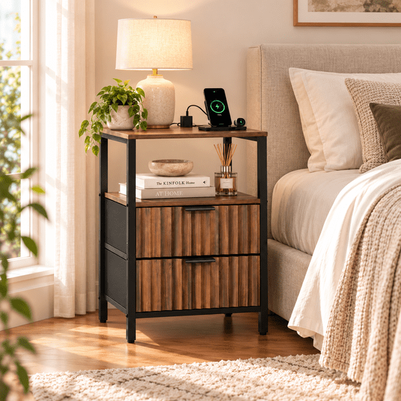 Ktaxon Nightstand with Charging Station End Table with 2 Fabric Drawers Bedside Table Furniture for Bedroom, Living Room,Fluted Brown Wave Design