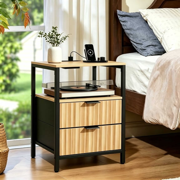 Ktaxon Nightstand with Charging Station End Table with 2 Fabric Drawers Bedside Table Furniture for Bedroom, Living Room,Fluted Oak Wave Design