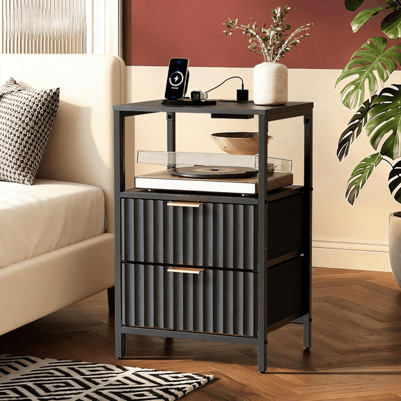 Ktaxon Nightstand with Charging Station End Table with 2 Fabric Drawers Bedside Table Furniture for Bedroom, Living Room,Fluted Black Wave Design