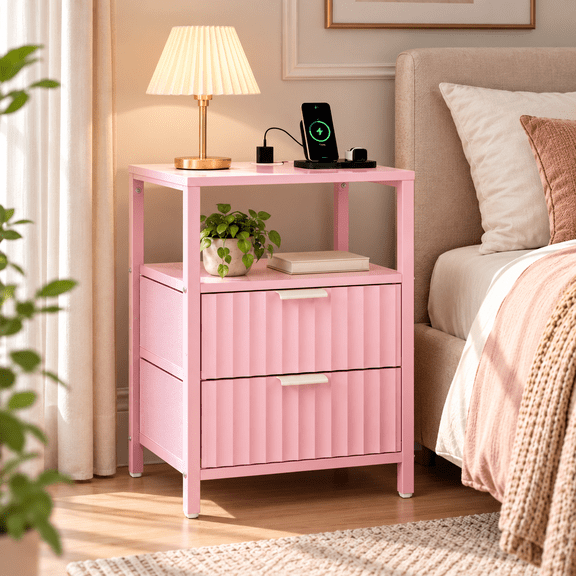 Ktaxon Nightstand with Charging Station End Table with 2 Fabric Drawers Bedside Table Furniture for Bedroom, Living Room,Fluted Pink Wave Design