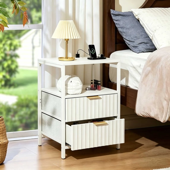 Ktaxon Nightstand with Charging Station End Table with 2 Fabric Drawers Bedside Table Furniture for Bedroom, Living Room,Fluted White Wave Design