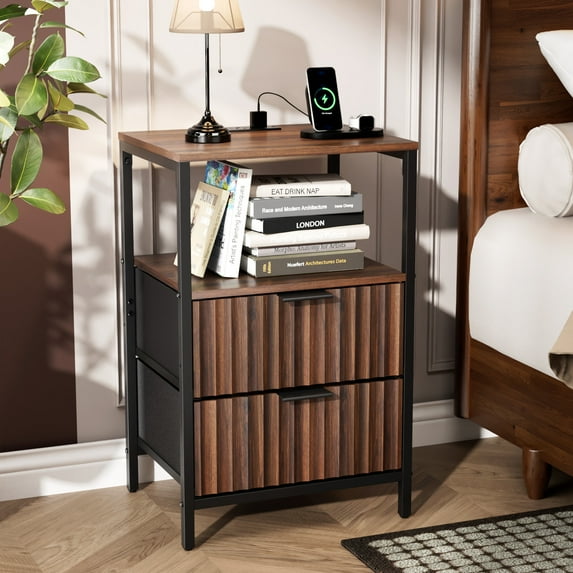 Ktaxon Nightstand with Charging Station End Table with 2 Fabric Drawers Bedside Table Furniture for Bedroom, Living Room,Fluted Brown Wave Design