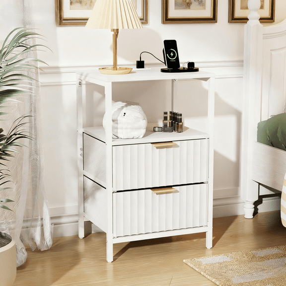 Ktaxon Nightstand with Charging Station End Table with 2 Fabric Drawers Bedside Table Furniture for Bedroom, Living Room,Fluted White Wave Design