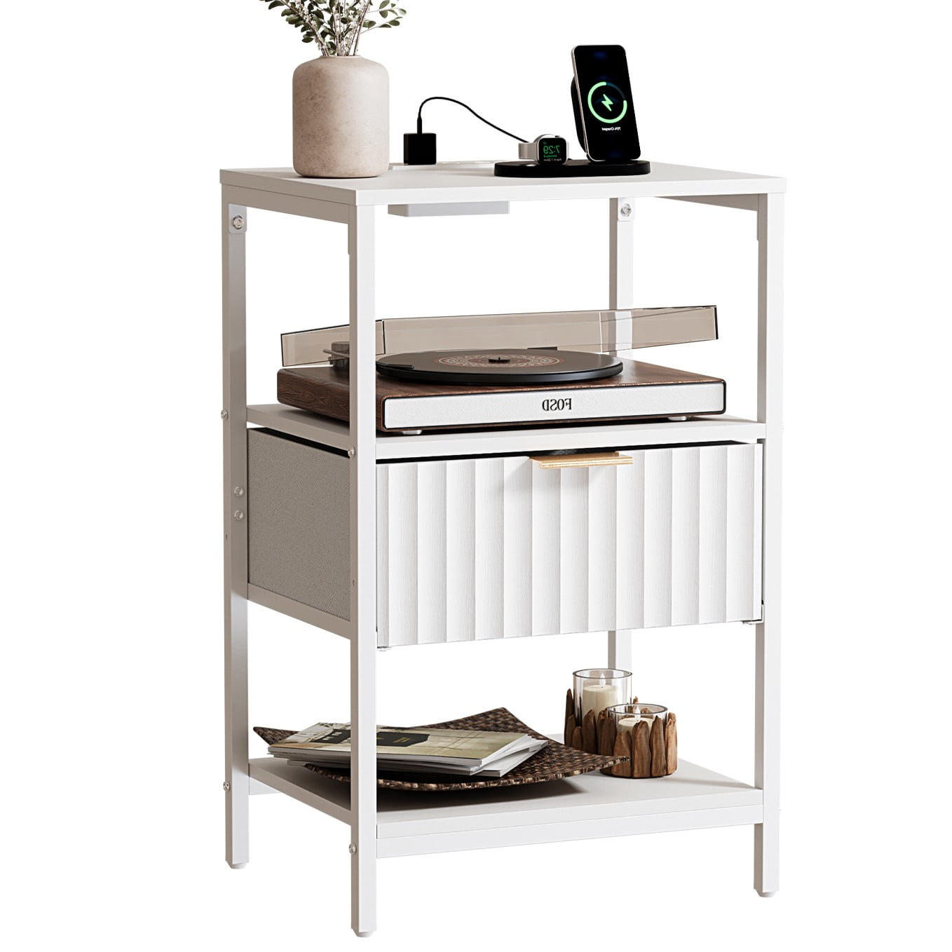 Ktaxon Fluted Nightstand with Charging Station End Table with Drawers Bedside Table Furniture for Bedroom, Living Room, White