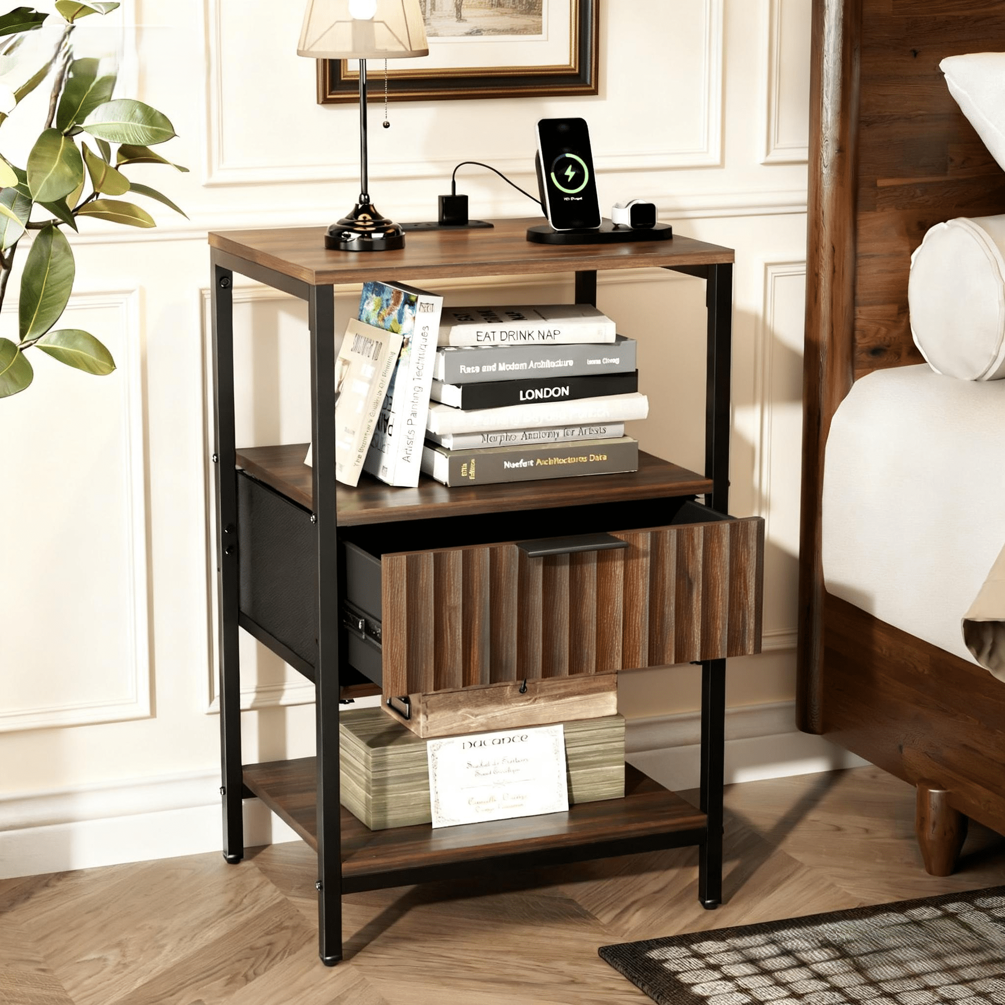 Ktaxon Fluted Nightstand with Charging Station End Table with Drawers Bedside Table Furniture for Bedroom, Living Room, Walnut Brown