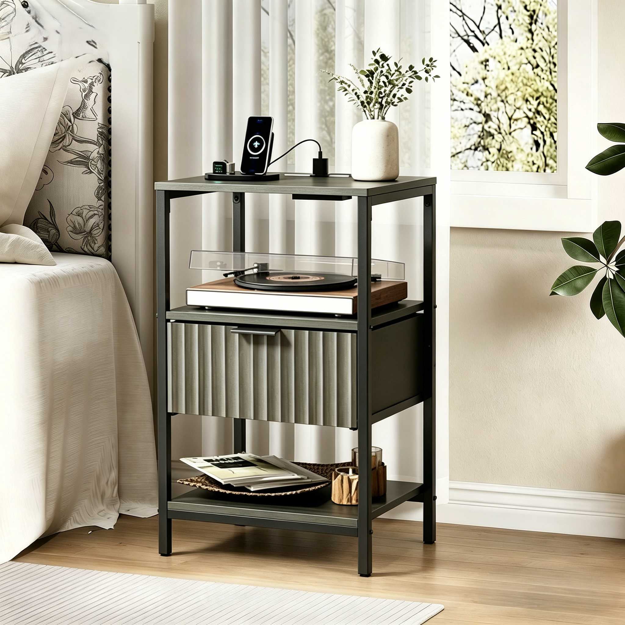 Ktaxon Fluted Nightstand with Charging Station End Table with Drawers Bedside Table Furniture for Bedroom, Living Room, Gray
