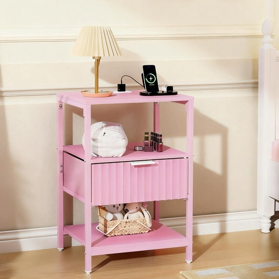 Ktaxon Nightstand with Charging Station End Table with Drawers Bedside Table Furniture for Bedroom, Living Room, Fluted Wave Design