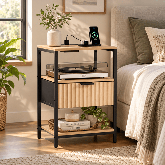 Ktaxon Fluted Nightstand with Charging Station End Table with Drawers Bedside Table Furniture for Bedroom, Living Room, Oak