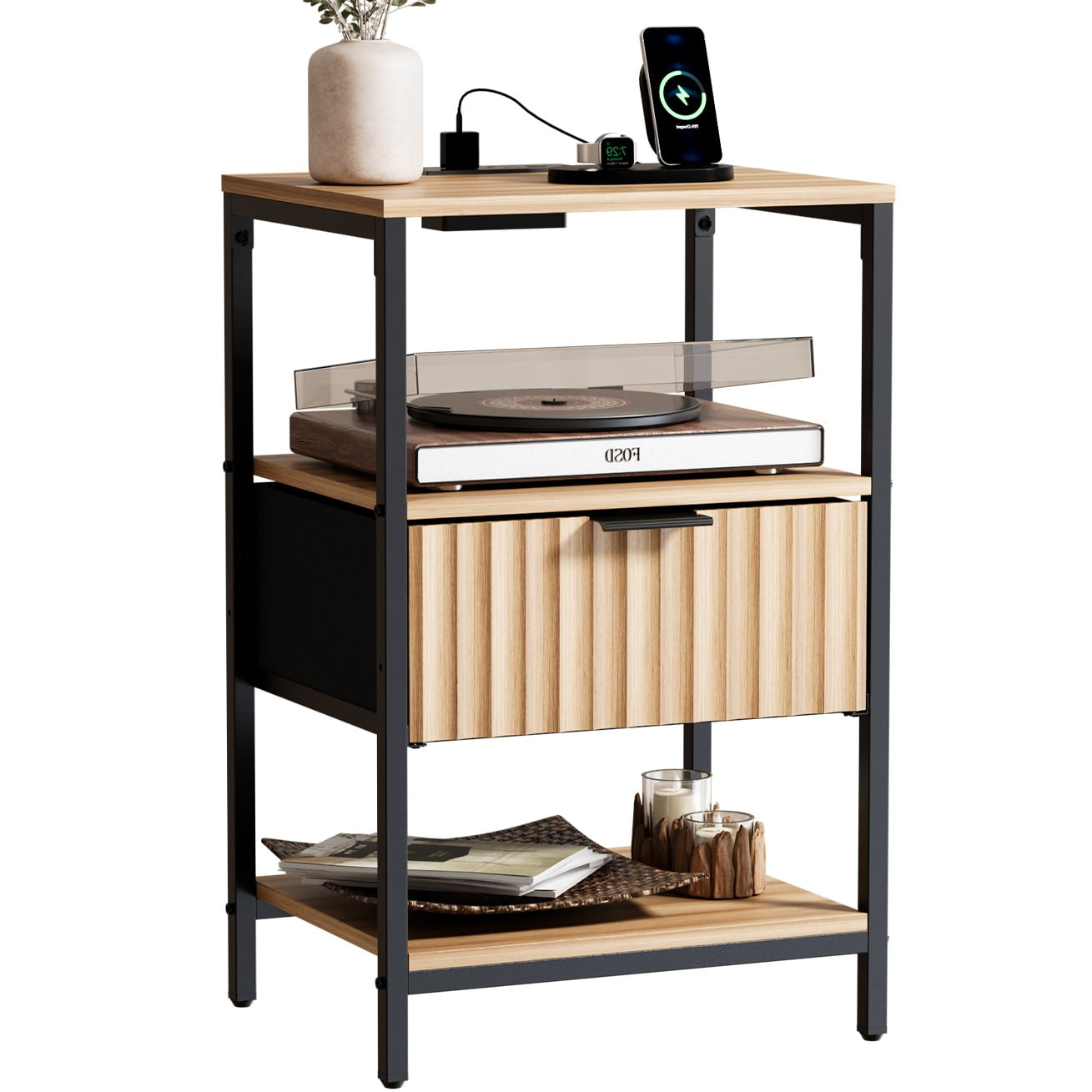 Ktaxon Fluted Nightstand with Charging Station End Table with Drawers Bedside Table Furniture for Bedroom, Living Room, Oak