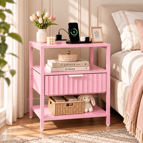 Ktaxon Nightstand with Charging Station End Table with Drawers Bedside Table Furniture for Bedroom, Living Room, Fluted Wave Design