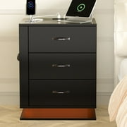 Ktaxon Nightstand Left Side RGB Bedside Table with Charging Station, Remote Control LED Cabinet for Bedroom, Living Room, Black