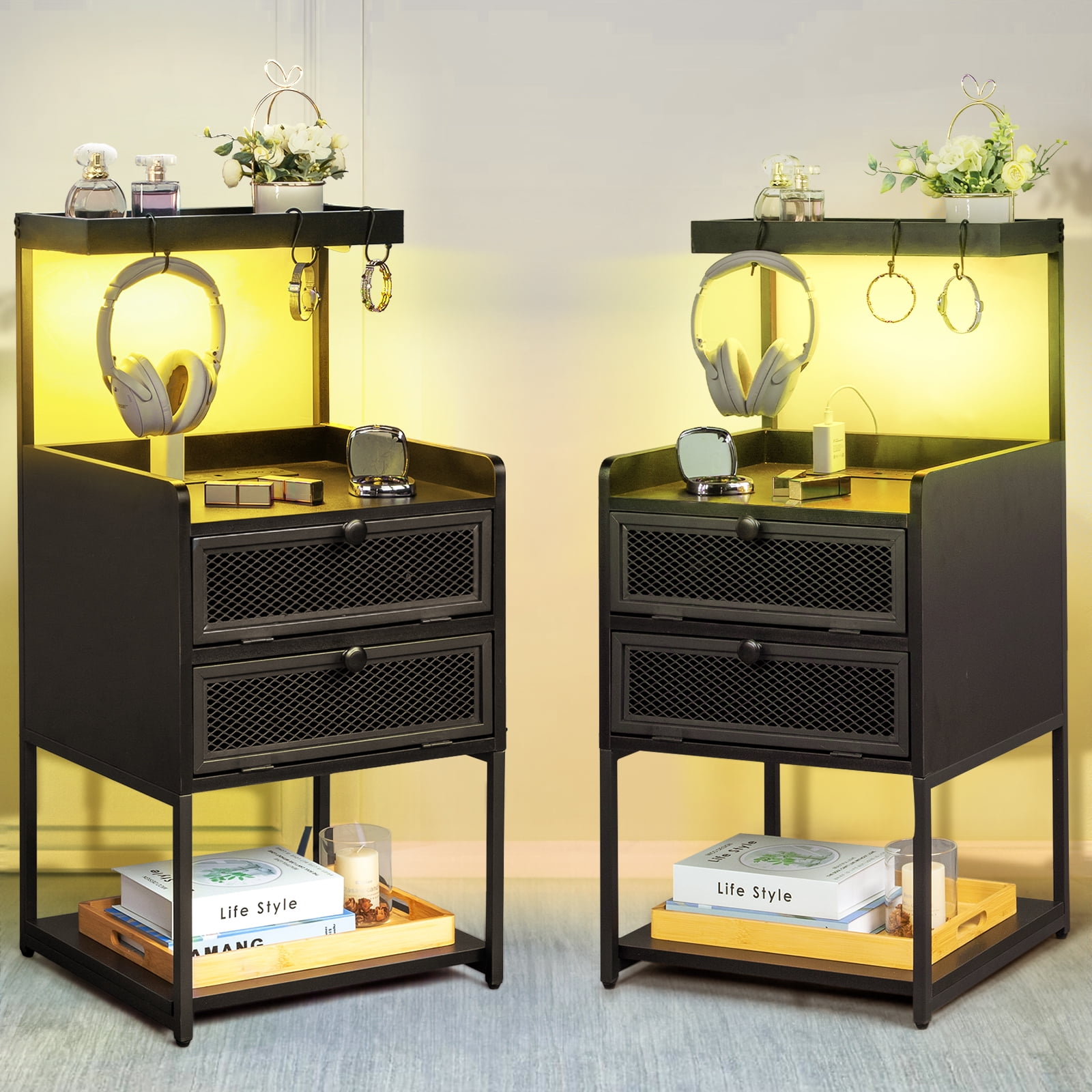 WLIVE Black Nightstand With Charging Station & LED Lights - Modern Bedside Table With 2 Drawers & Sliding Top