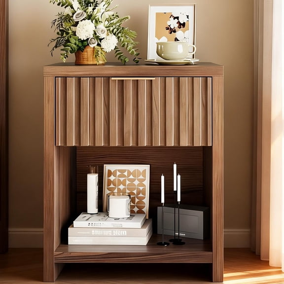 Ktaxon Fluted Nightstand, Walnut Night Stand, Wooden End Table, Bedside Table for Bedroom Sofa Home Office,Curved Corners Design