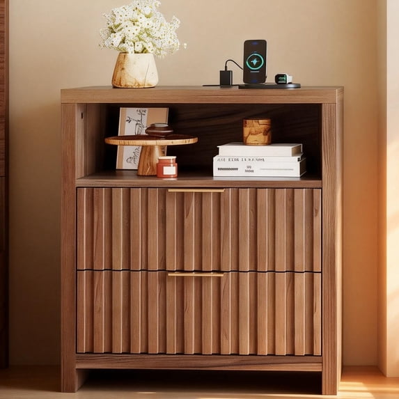 Ktaxon Nightstand with Wireless Charging Station and LED Lights, Night Stand Modern End Table with 2 Drawers, Bedside Table with Open Storage for Bedroom, White