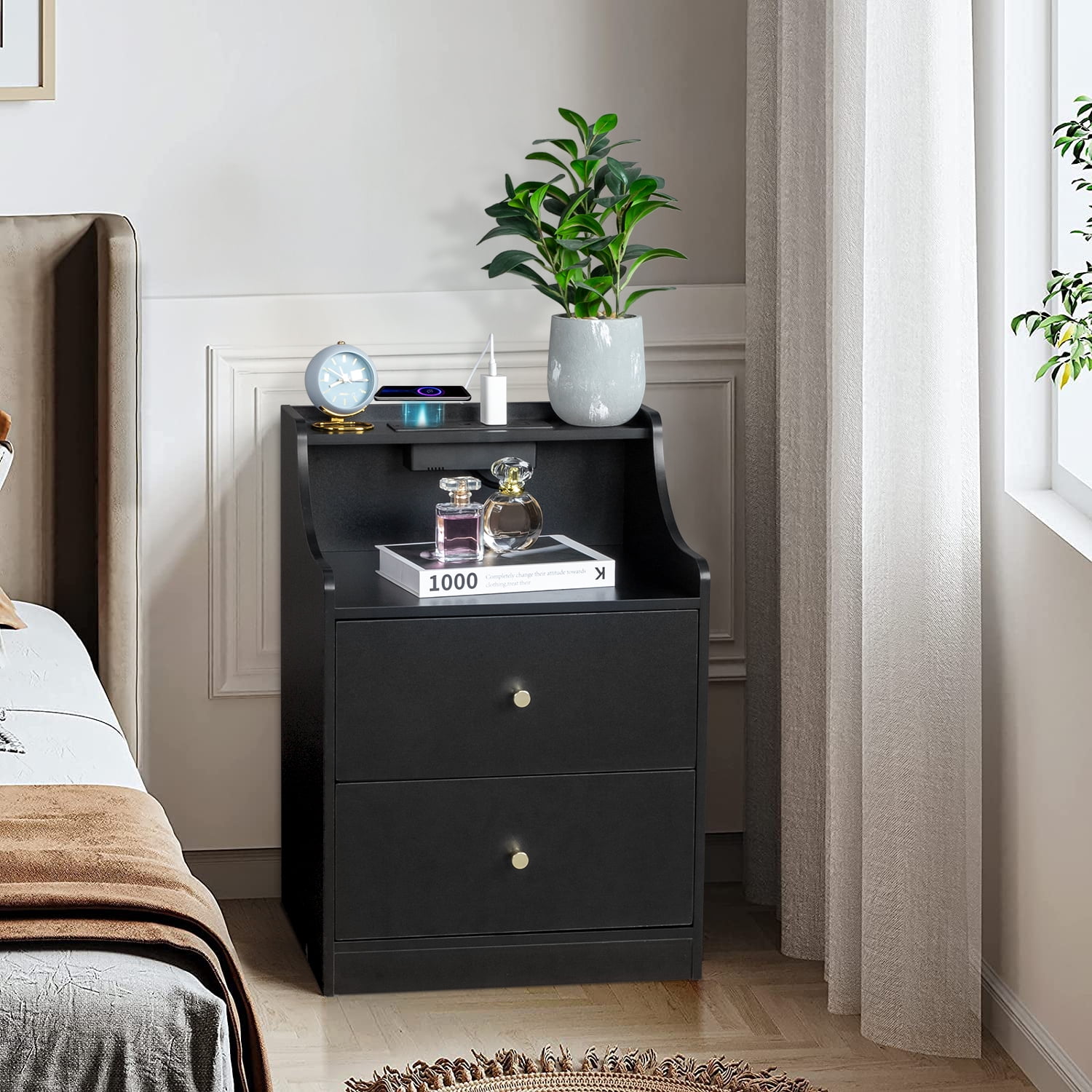 Ktaxon Nightstand with Wireless Charging Station for Bedroom Bedside Table Night Stand with Hutch and Storage Drawers Black