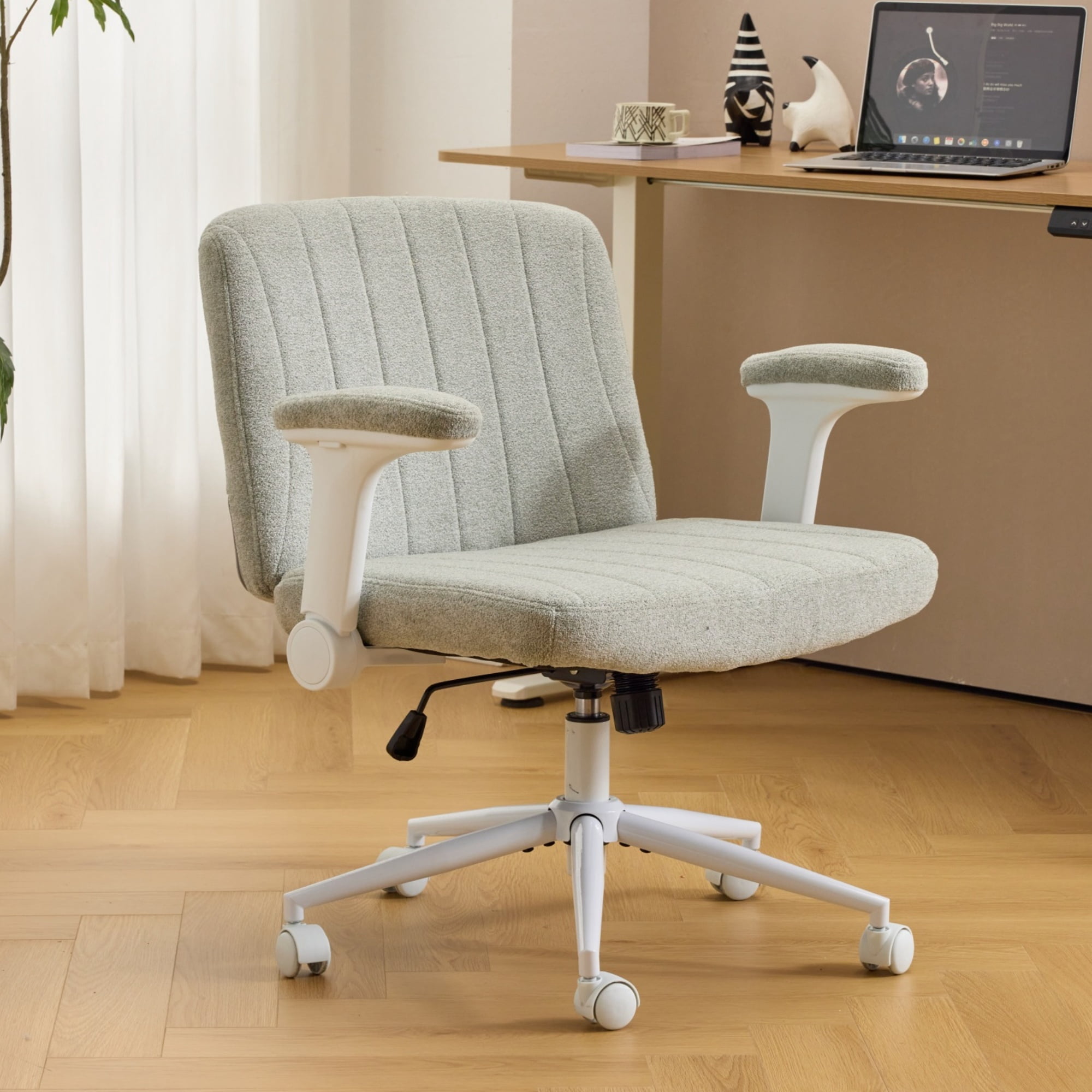 Ktaxon Office Chair with Chenille Fleece Upholstery, Flip-Top Armrest Desk Chair on Metal Star Base, Adjustable Height & Quiet Casters for Home Study Blue-Green