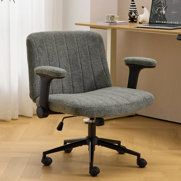Ktaxon Office Chair with Chenille Fleece Upholstery, Flip-Top Armrest Desk Chair on Metal Star Base, Adjustable Height & Quiet Casters for Home Study Gray