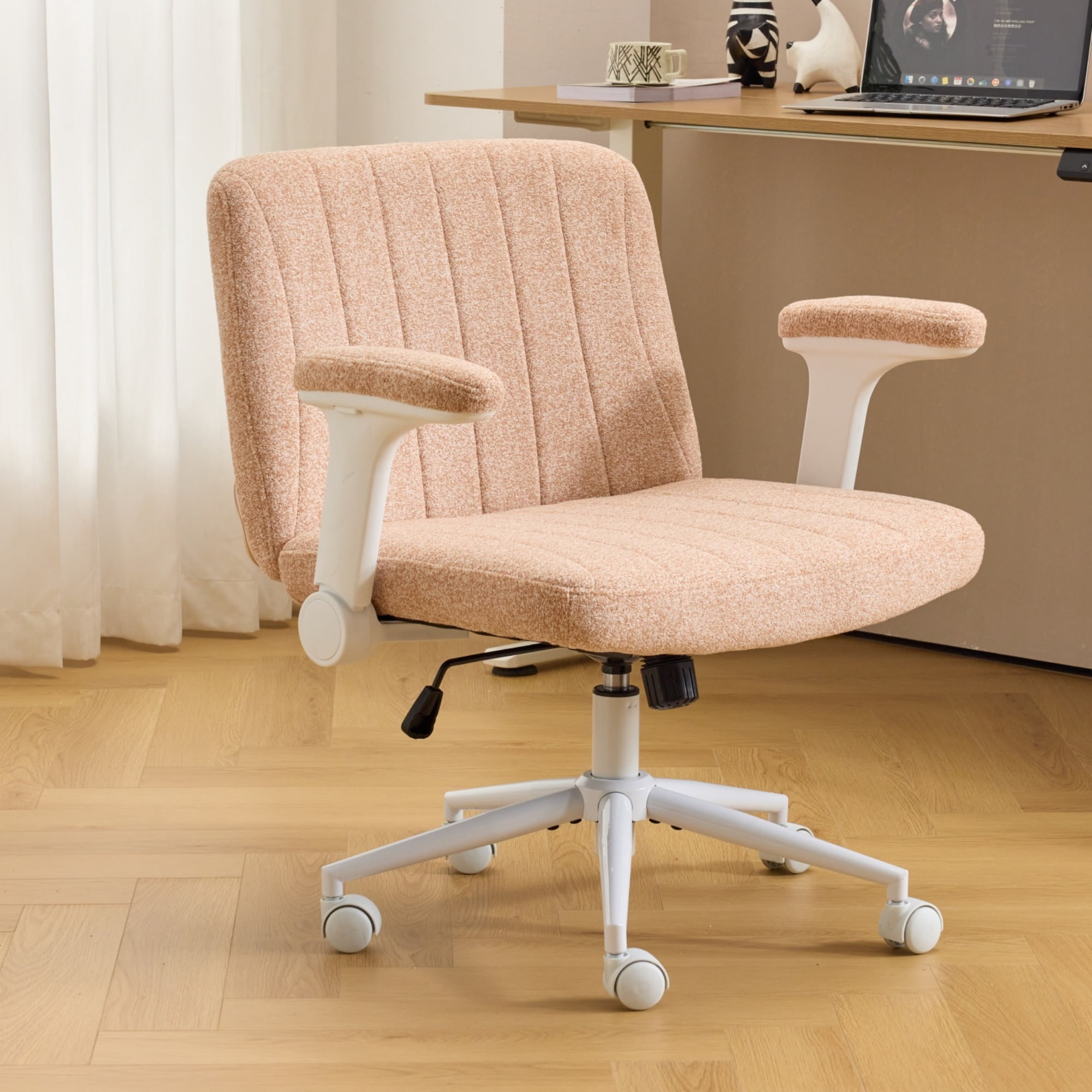 Ktaxon Office Chair with Chenille Fleece Upholstery, Flip-Top Armrest Desk Chair on Metal Star Base, Adjustable Height & Quiet Casters for Home Study Orange