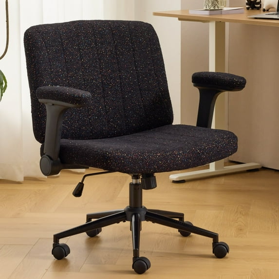 Ktaxon Office Chair, Flip-Top Armrest Desk Chair on Metal Star Base, Starry Chenille Vanity Chair with Adjustable Height & Swivel Wheels Black