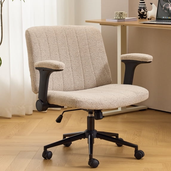 Ktaxon Office Chair, Flip-Top Armrest Desk Chair on Metal Star Base, Starry Chenille Vanity Chair with Adjustable Height & Swivel Wheels Khaki