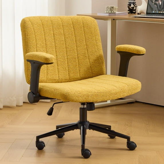 Ktaxon Office Chair, Flip-Top Armrest Desk Chair on Metal Star Base, Starry Chenille Vanity Chair with Adjustable Height & Swivel Wheels Yellow