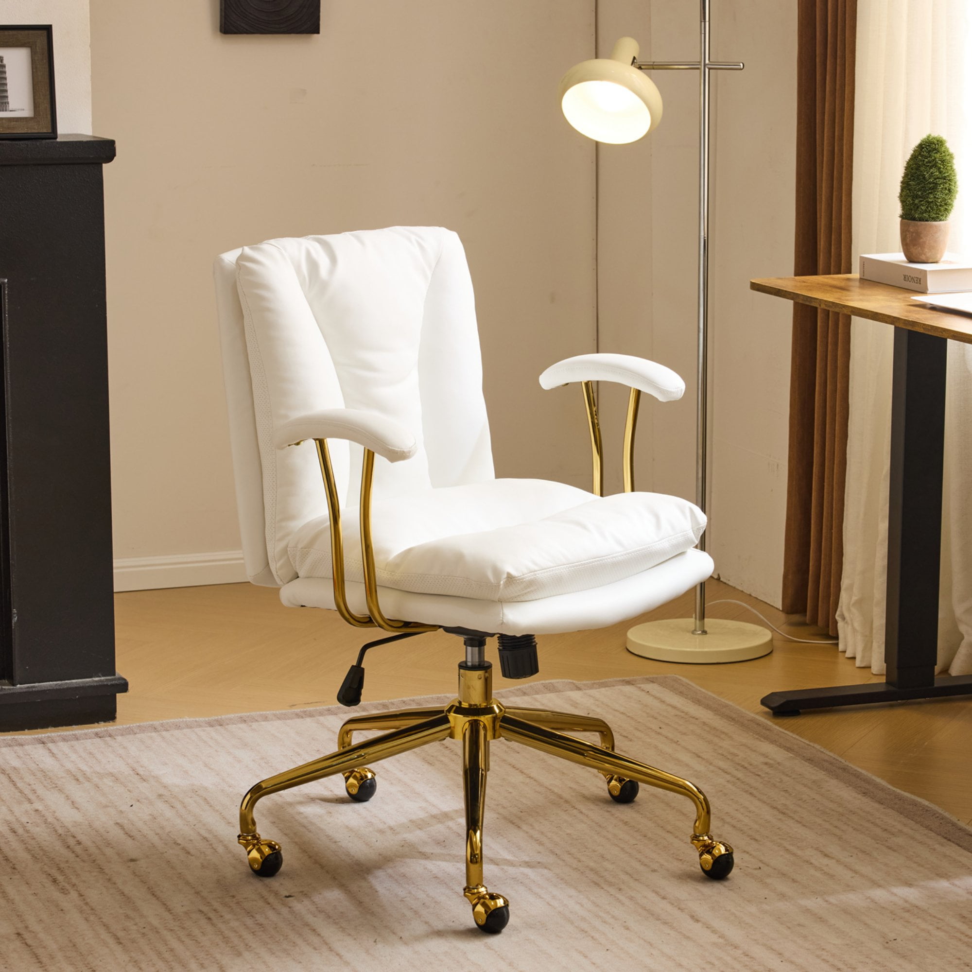 Ktaxon Office Chair High Back Study Chair PU Leather Adjustable Swivel Vanity Chair with Padded Armrests for Conference and Home White